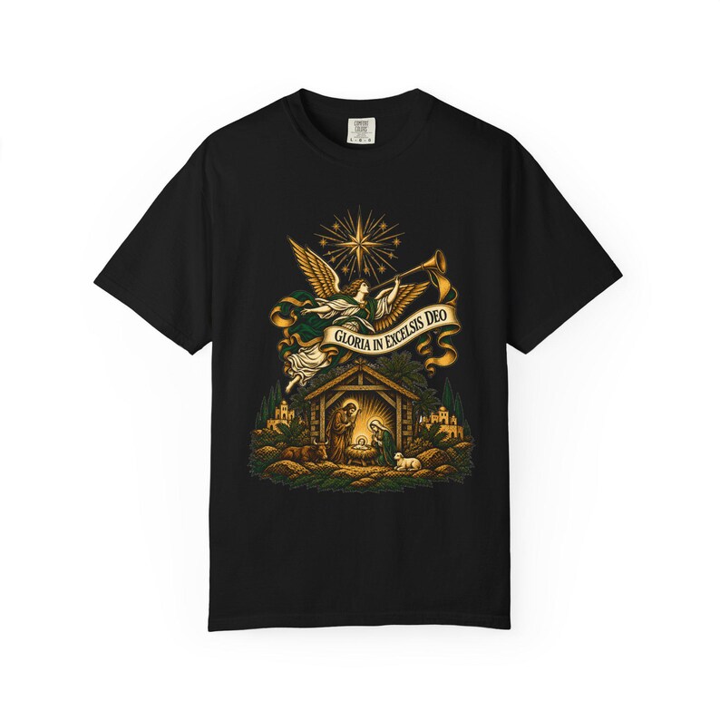 Herald Angel Trumpet Tee, Glory to God in the Highest Nativity, Vintage Christian Christmas Gift for Mass or Choir, Comfort Colors image 2