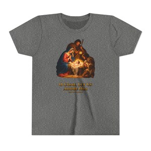 Kids O Come Let Us Adore Him Shirt, Youth Nativity Christmas Tee, Catholic Christmas Gift for Kids, Holy Family Venite Adoremus image 4