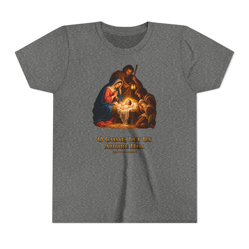 Kids O Come Let Us Adore Him Shirt, Youth Nativity Christmas Tee, Catholic Christmas Gift for Kids, Holy Family Venite Adoremus image 4