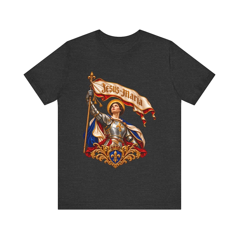 St Joan of Arc Shirt, Jesus Maria Banner Maid of Orleans in Armor, Catholic Saint Tee, Confirmation Gift for Her, French Heroine Art image 5