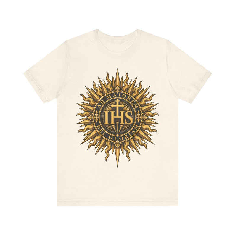 Ad Maiorem Dei Gloriam skjorta, AMDG IHS Sunburst Tee, latinsk katolsk gåva, jesuitexamen eller konfirmationspresent, Ignatians motto bild 2