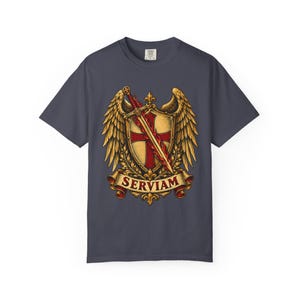 Saint Michael Heraldic Crest Tee, Golden Winged Shield, I Will Serve, Defend Us in Battle Gift for Veteran or Police, Comfort Colors image 6