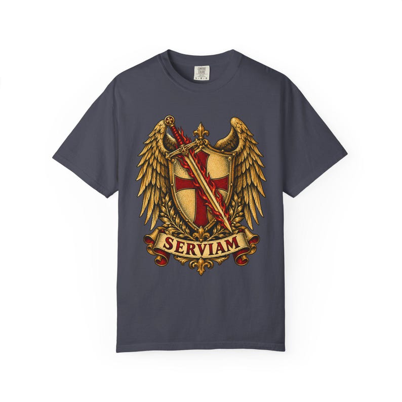 Saint Michael Heraldic Crest Tee, Golden Winged Shield, I Will Serve, Defend Us in Battle Gift for Veteran or Police, Comfort Colors image 6