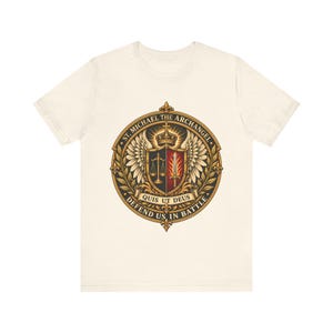 St Michael the Archangel Crest Shirt, Defend Us in Battle Tee, Winged Shield Scales and Sword, Catholic Men's Gift, Police Patron Apparel image 2