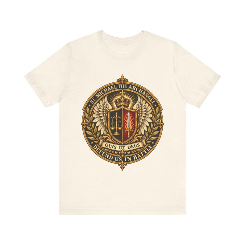 St Michael the Archangel Crest Shirt, Defend Us in Battle Tee, Winged Shield Scales and Sword, Catholic Men's Gift, Police Patron Apparel image 2