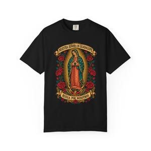 Nuestra Señora de Guadalupe Tee, Virgin of Tepeyac with Roses, Mexican Catholic Gift, Hispanic Mom Apparel, Dec 12 Feast Day, Comfort Colors image 2