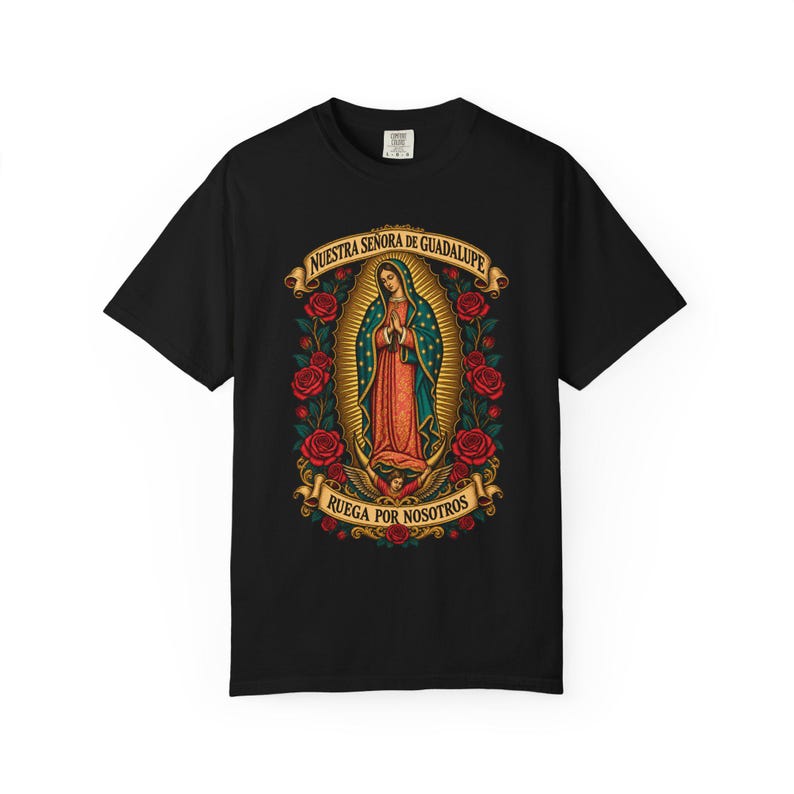 Nuestra Señora de Guadalupe Tee, Virgin of Tepeyac with Roses, Mexican Catholic Gift, Hispanic Mom Apparel, Dec 12 Feast Day, Comfort Colors image 2