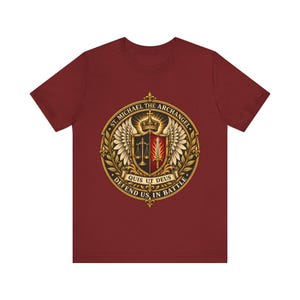 St Michael the Archangel Crest Shirt, Defend Us in Battle Tee, Winged Shield Scales and Sword, Catholic Men's Gift, Police Patron Apparel image 7