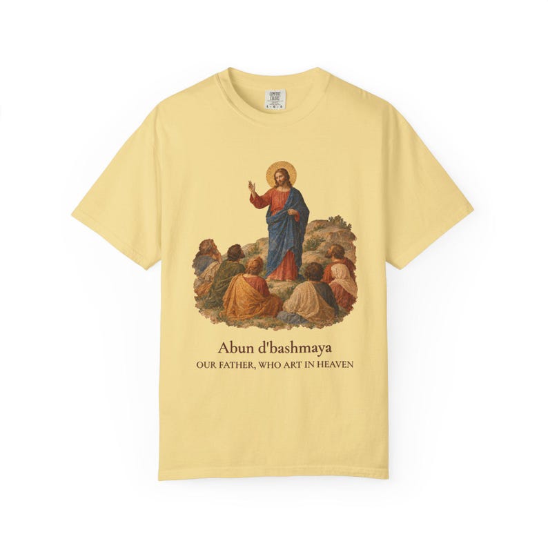 Arameisk Herrens bön komfortfärger T-shirt | Vår Fader arameisk T-shirt | Bergspredikan katolsk kristen T-shirt bild 9