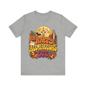 Catholic Halloween Tee, Retro Groovy All Hallows Eve Shirt, Cross Moon Ghost (Adults) image 6