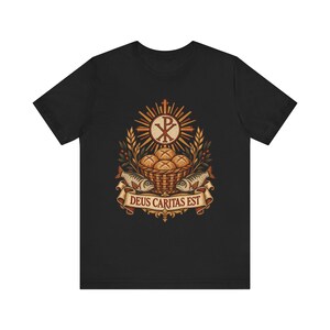 Deus Caritas Est Shirt, Loaves and Fishes Mosaic Tee, Chi Rho Early Christian Art, Catholic Volunteer Gift, Ichthys Fish and Bread Apparel image 2