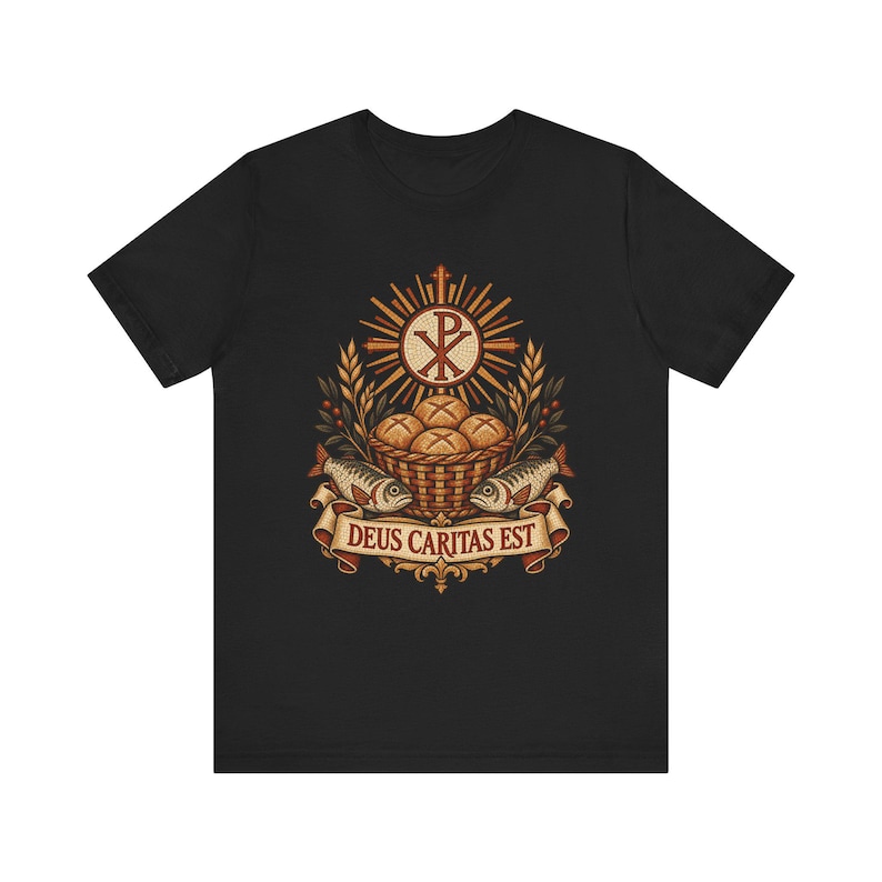 Deus Caritas Est Shirt, Loaves and Fishes Mosaic Tee, Chi Rho Early Christian Art, Catholic Volunteer Gift, Ichthys Fish and Bread Apparel image 2