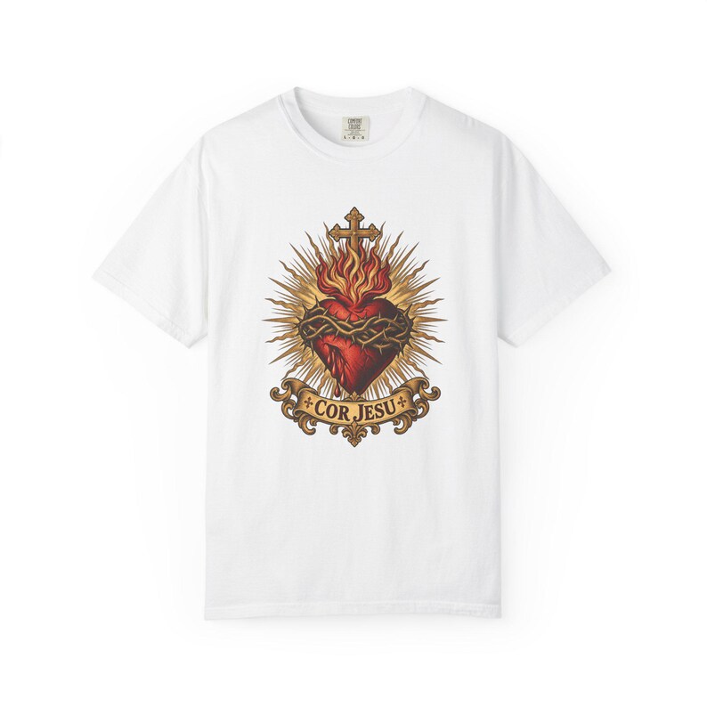 Sacred Heart Sunburst Tee, Cor Jesu Blazing Golden Rays, Crown of Thorns Catholic Religious Gift for Him or Her, Comfort Colors image 7