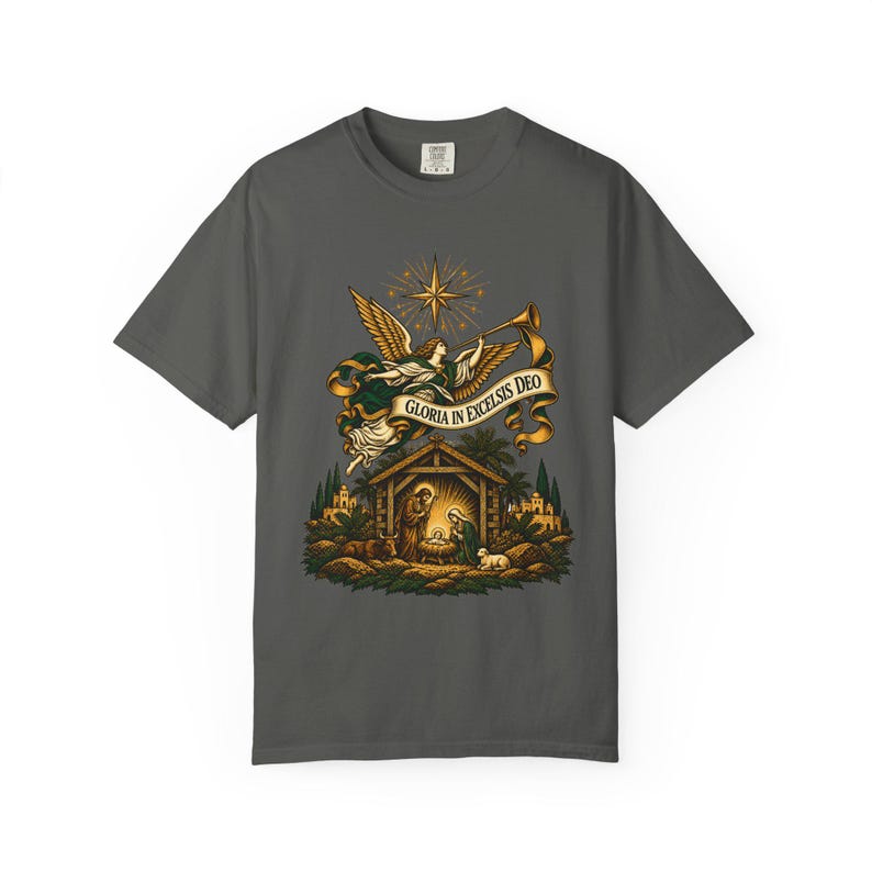 Herald Angel Trumpet Tee, Glory to God in the Highest Nativity, Vintage Christian Christmas Gift for Mass or Choir, Comfort Colors image 5