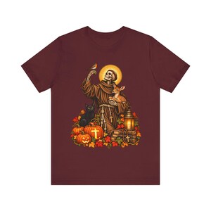 Skeleton St Francis Shirt | Catholic Halloween T-Shirt | Animal Lover Gift | Spooky Saint with Deer and Cat image 10