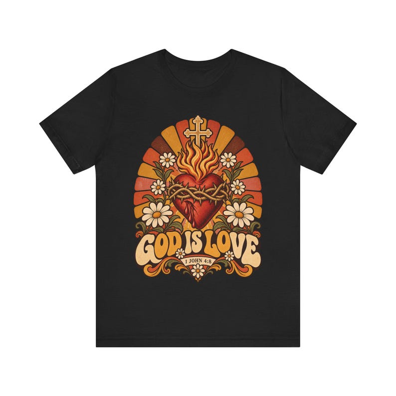1 John 4:8 Shirt | Catholic T-Shirt | Faith Gift for Women | God Is Love, Retro Sacred Heart Sunburst immagine 7