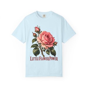 Little Flower Power Comfort Colors Shirt | St Therese Catholic T-Shirt | Gift for Catholic Women | Vintage Pink Roses image 9