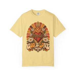 Retro Bible Verse Tee, 1 John 4 8 Sacred Heart Sunburst, Vintage Christian Gift for Mom, Boho Floral Scripture Apparel, Comfort Colors image 4