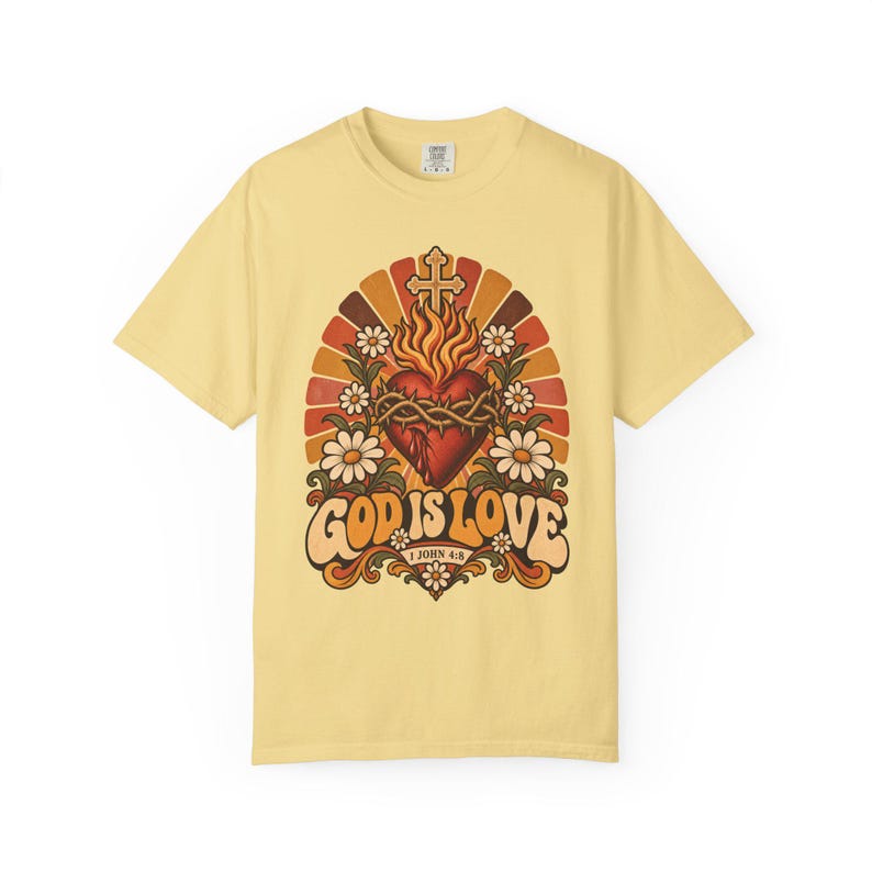 Retro Bible Verse Tee, 1 John 4 8 Sacred Heart Sunburst, Vintage Christian Gift for Mom, Boho Floral Scripture Apparel, Comfort Colors image 4