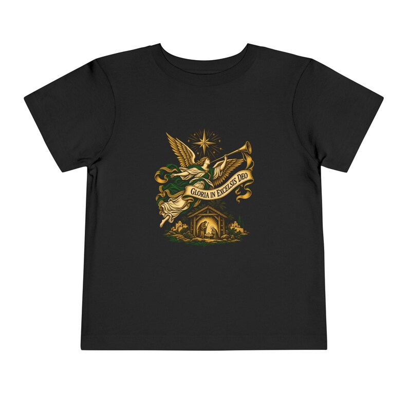 Toddler Nativity Angel Tee, Gloria in Excelsis Deo Christmas Shirt, Catholic Christmas Gift for Toddlers, Star of Bethlehem Art image 3