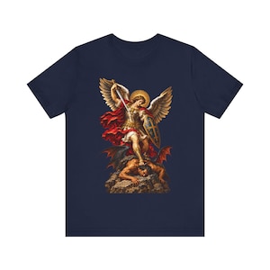 聖ミカエルTシャツ｜カトリックTシャツ｜男性向け霊的戦いギフト｜勝利の剣 画像 1
