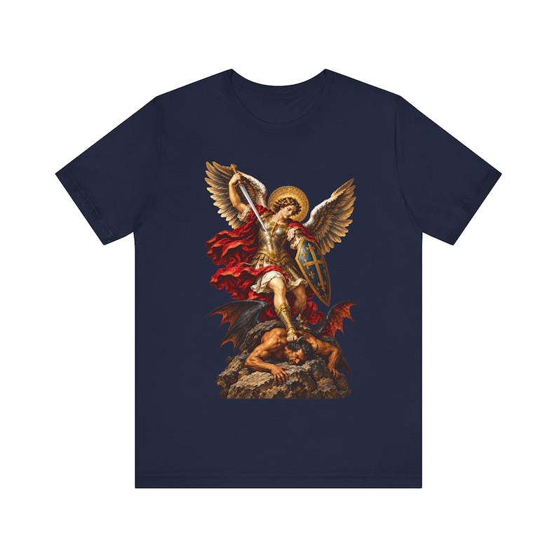聖ミカエルTシャツ｜カトリックTシャツ｜男性向け霊的戦いギフト｜勝利の剣 画像 1