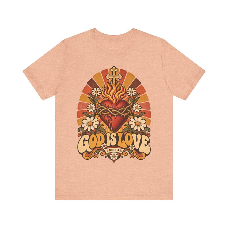 1 John 4:8 Shirt | Catholic T-Shirt | Faith Gift for Women | God Is Love, Retro Sacred Heart Sunburst immagine 3