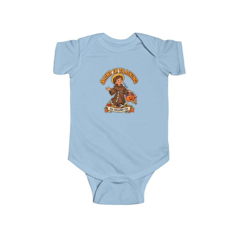 Baby-Body mit St.-Franziskus-Motiv, katholisches Geschenk zum ersten Halloween, Kürbis mit Blaumeisenmotiv Bild 3