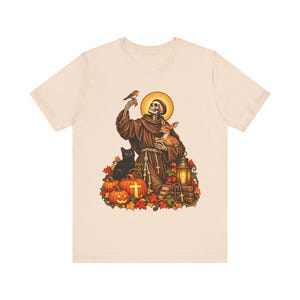 Skeleton St Francis Shirt | Catholic Halloween T-Shirt | Animal Lover Gift | Spooky Saint with Deer and Cat image 3