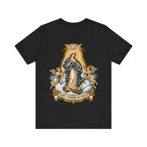 結び目を解く聖母マリアTシャツ、リボンを解く聖母マリアTシャツ、女性へのカトリックのノベナギフト、マリア祈祷アパレル 画像 1