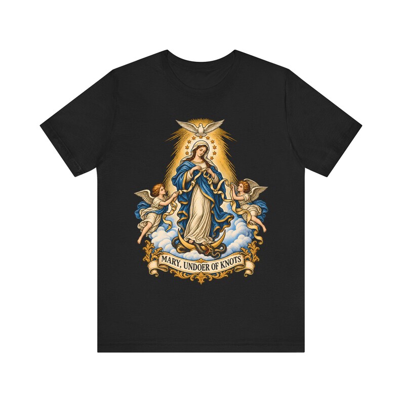 結び目を解く聖母マリアTシャツ、リボンを解く聖母マリアTシャツ、女性へのカトリックのノベナギフト、マリア祈祷アパレル 画像 1