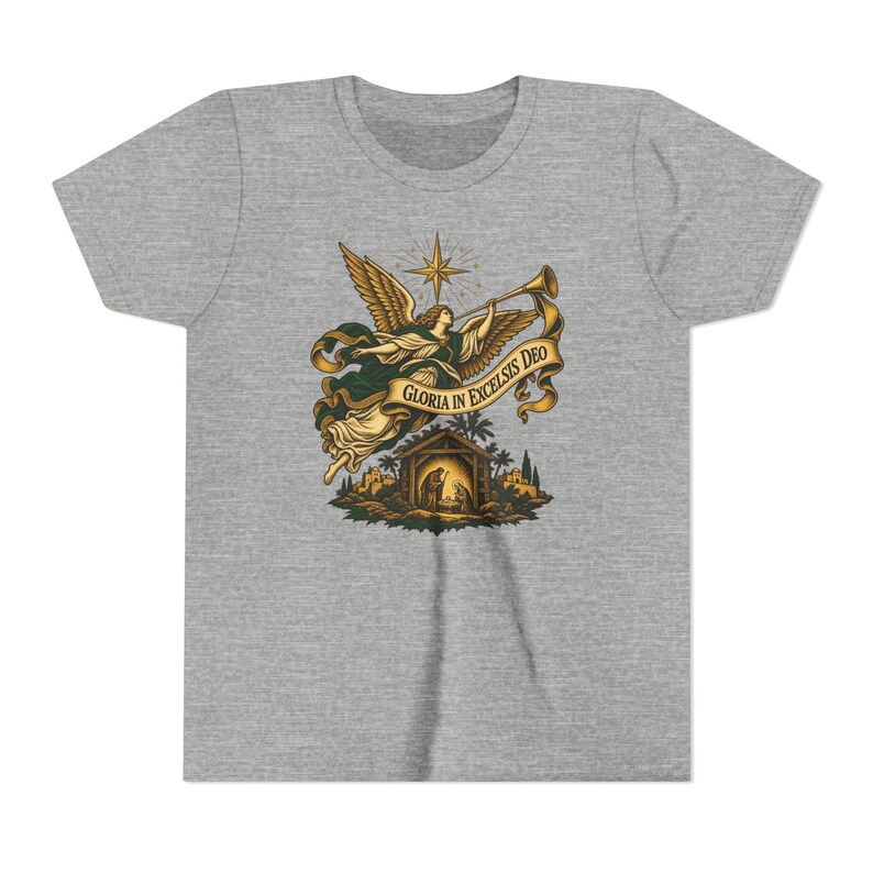 Camiseta infantil del Ángel de la Natividad, Camiseta juvenil Gloria in Excelsis Deo, Regalo católico de Navidad para niños, Representación navideña de la Estrella de Belén imagen 11