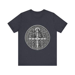 Silver St Benedict Medal Shirt, Engraved Monk Holding Crucifix Tee, CSPB Vade Retro Satana Emblem, Catholic Protection Gift, OSB Oblate image 5