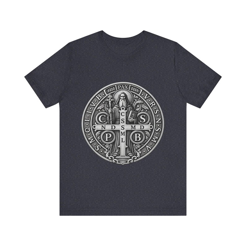Silver St Benedict Medal Shirt, Engraved Monk Holding Crucifix Tee, CSPB Vade Retro Satana Emblem, Catholic Protection Gift, OSB Oblate image 5