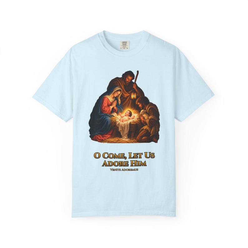 O Come Let Us Adore Him Comfort Colors Shirt | Catholic Christmas Nativity T-Shirt | Christmas Gift | Holy Family at the Manger image 9