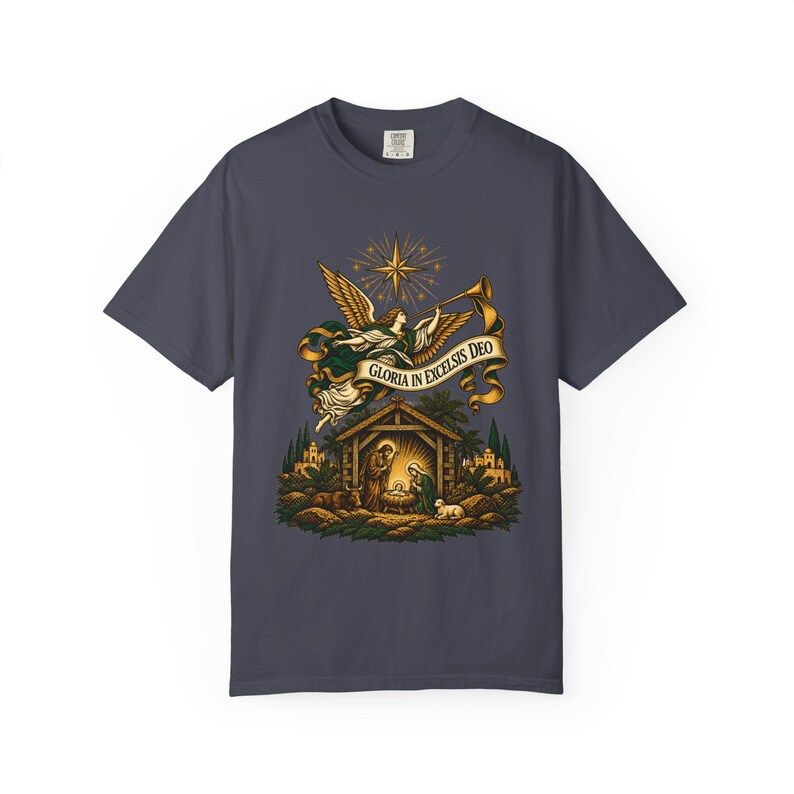 Herald Angel Trumpet Tee, Glory to God in the Highest Nativity, Vintage Christian Christmas Gift for Mass or Choir, Comfort Colors image 8