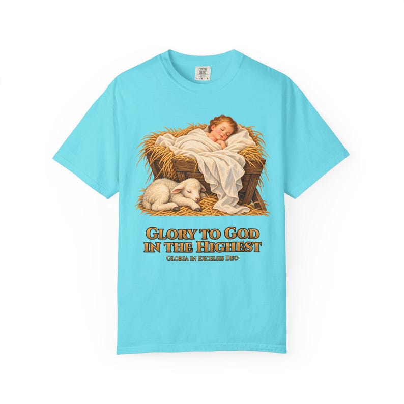 Glory to God in the Highest Comfort Colors Shirt | Catholic Christmas Nativity T-Shirt | Christmas Gift | Christ Child with Lamb image 5