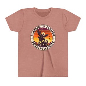 Kids Retro St Michael Badge Shirt, Youth Defend Us in Battle Tee, Catholic Boys Gift, Archangel Slaying Dragon Sunset image 3
