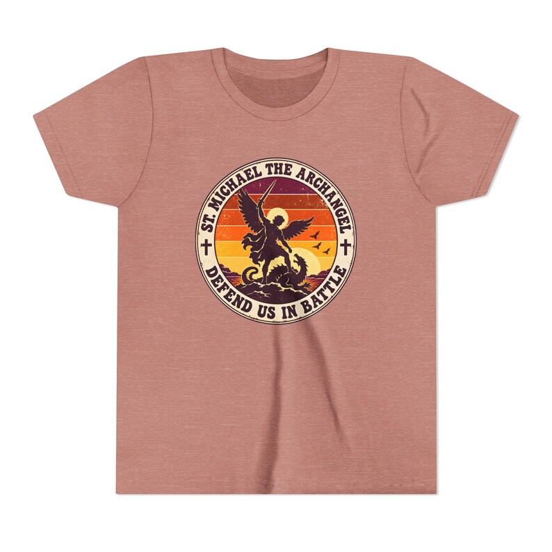 Kids Retro St Michael Badge Shirt, Youth Defend Us in Battle Tee, Catholic Boys Gift, Archangel Slaying Dragon Sunset image 3