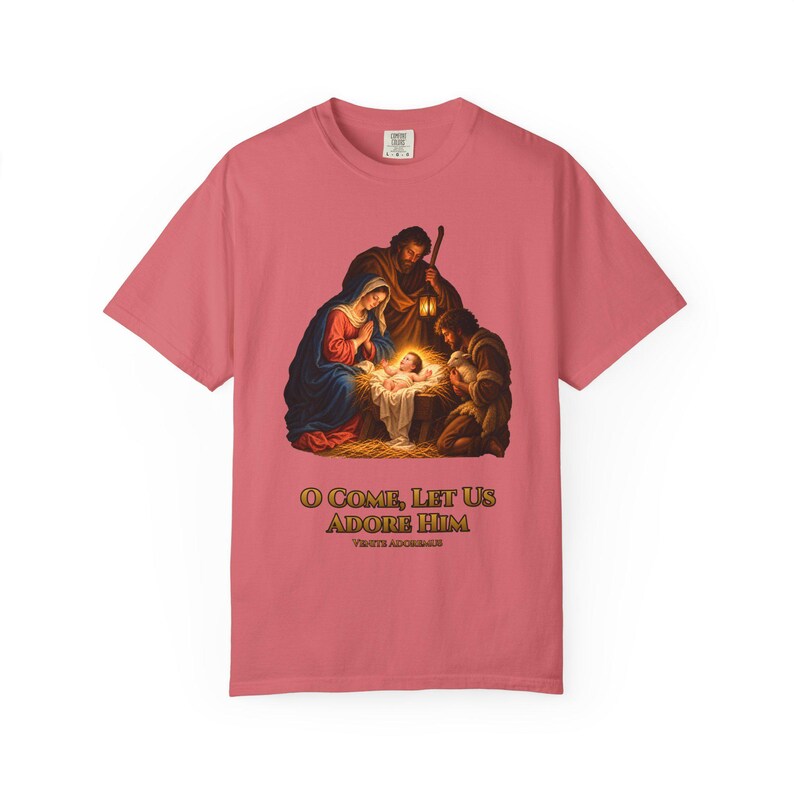 O Come Let Us Adore Him Comfort Colors Shirt | Catholic Christmas Nativity T-Shirt | Christmas Gift | Holy Family at the Manger image 14