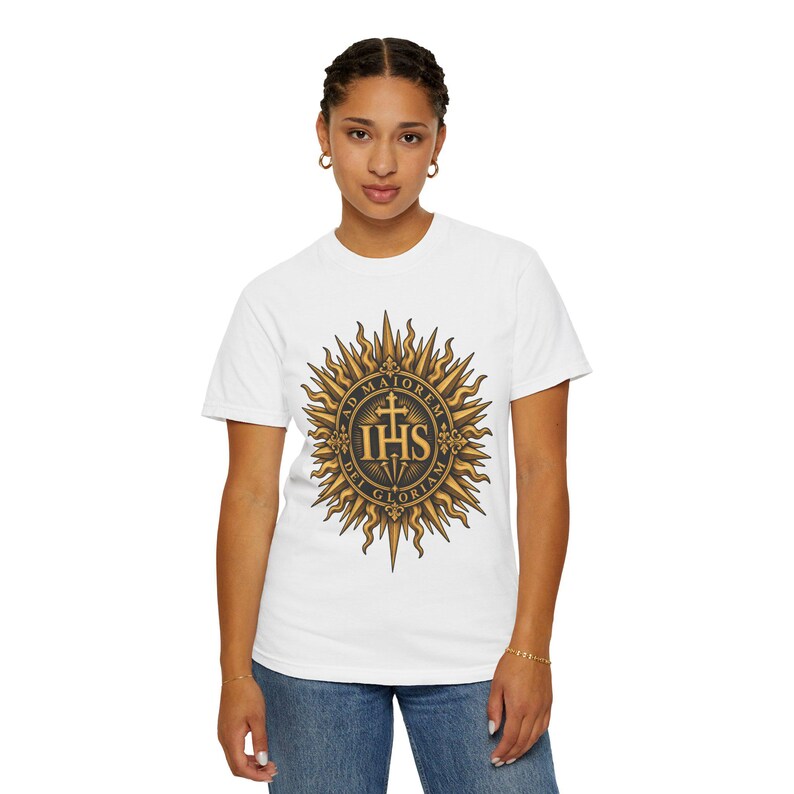 IHS Christogram Tee, AMDG Golden Sunburst, For the Greater Glory of God, Latin Catholic Gift for Jesuit Alumni or Graduates, Comfort Colors image 11