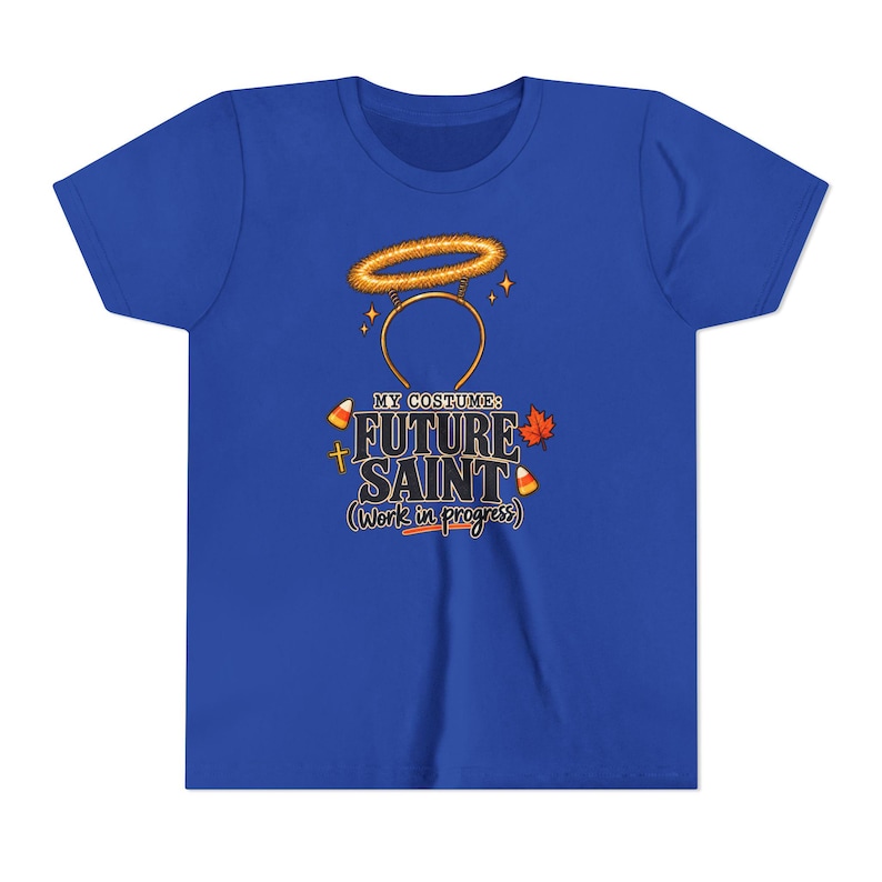 Kids Future Saint Costume Shirt, Sparkly Halo Halloween Tee, Catholic Trick or Treat Outfit image 4