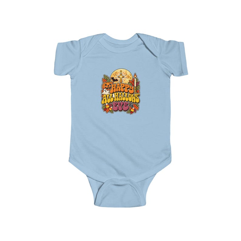 Baby Catholic Halloween Bodysuit, Happy All Hallows Eve Retro Groovy Infant One Piece, Cute Fall Baby Gift, Jack O Lantern Cross Moon image 3