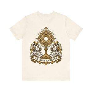 Ecce Panis Angelorum Shirt, Eucharistic Adoration Monstrance Tee, First Communion Gift, Holy Hour Bread of Angels, Catholic Revival Apparel image 2
