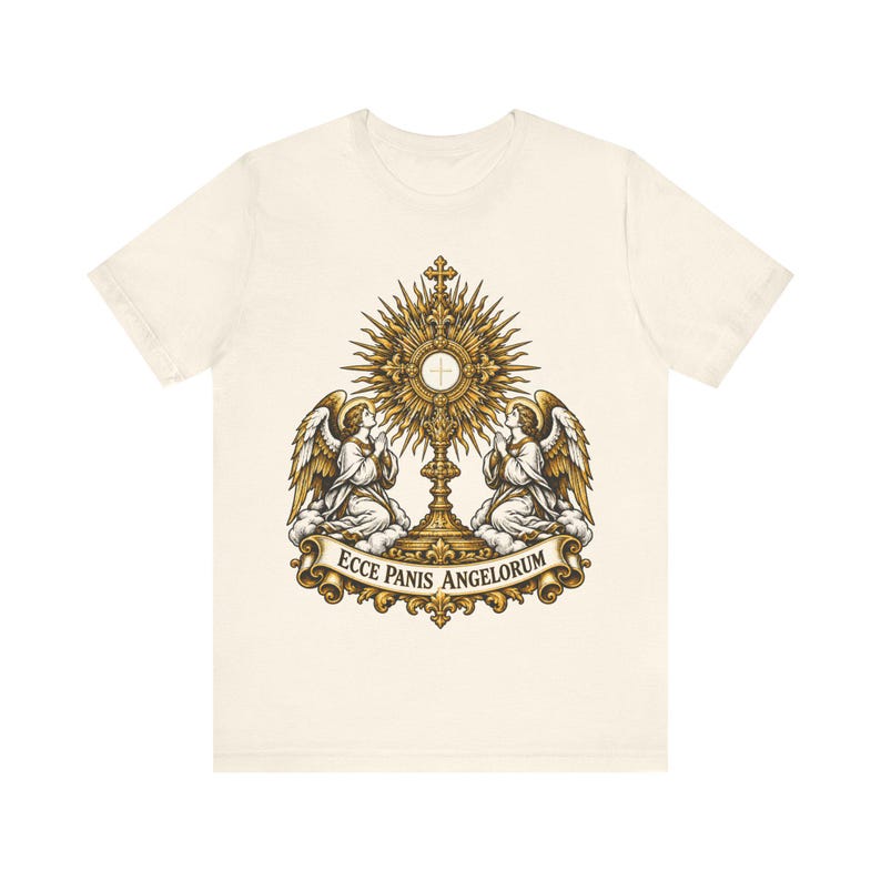 Ecce Panis Angelorum Shirt, Eucharistic Adoration Monstrance Tee, First Communion Gift, Holy Hour Bread of Angels, Catholic Revival Apparel image 2