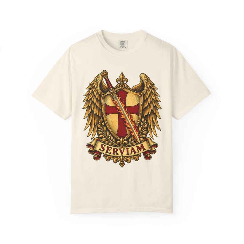 Archangel Michael Emblem Tee, Bold Sticker Style Shield and Wings, I Will Serve Catholic Gift for Veteran or Police Officer, Comfort Colors image 2