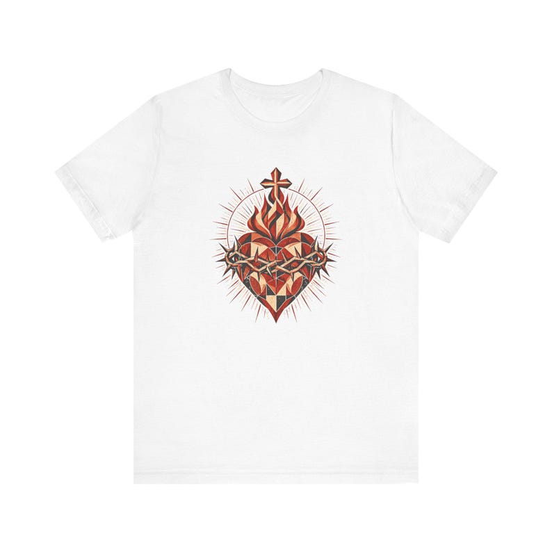 Geometrisk skjorta med Jesu heliga hjärta, modern minimalistisk Cor Jesu-konst, fasetterad katolsk gåva för tonåringar, konfirmation, RCIA, törnekrona bild 3