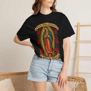 Nuestra Señora de Guadalupe Tee, Virgin of Tepeyac with Roses, Mexican Catholic Gift, Hispanic Mom Apparel, Dec 12 Feast Day, Comfort Colors image 1