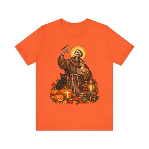 Skeleton St Francis Shirt | Catholic Halloween T-Shirt | Animal Lover Gift | Spooky Saint with Deer and Cat image 7