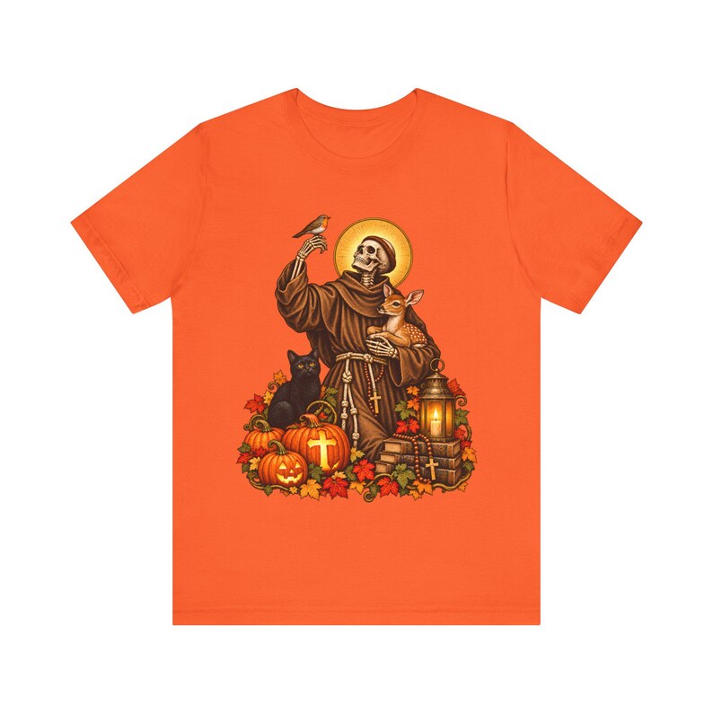Skeleton St Francis Shirt | Catholic Halloween T-Shirt | Animal Lover Gift | Spooky Saint with Deer and Cat image 7